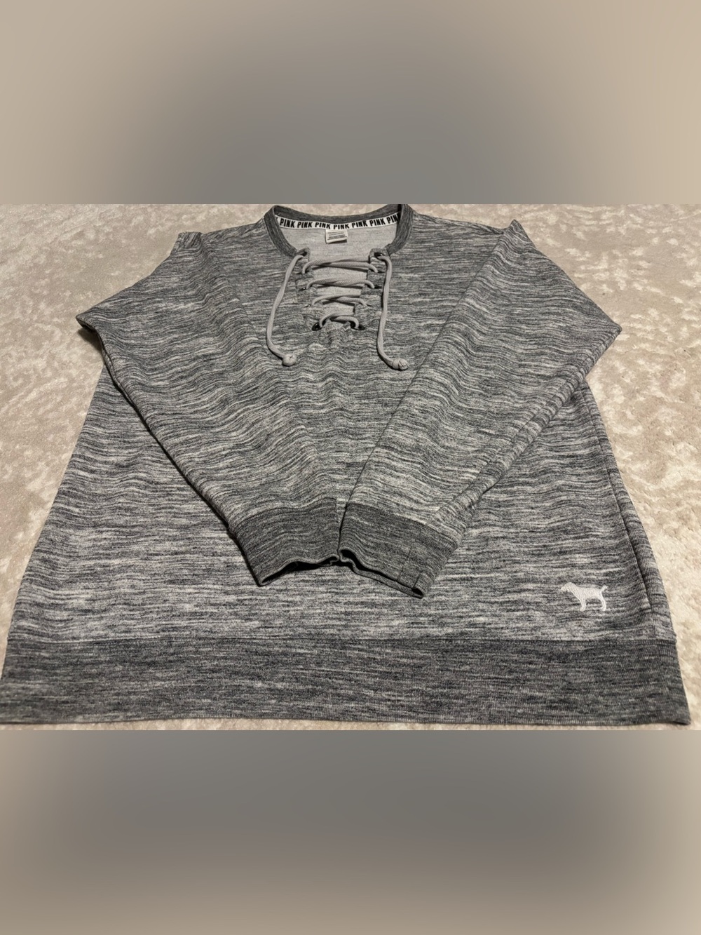 PINK Victoria's Secret - Long Sleeved Sweater Lace-Up V-Neck Marled Grey Small